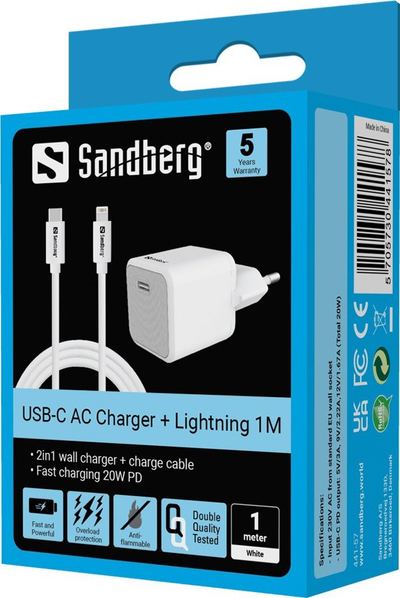 Karikues per muri Sandberg USB C AC 20W, Power Delivery, me kabllo Lightning 1m, i bardhë