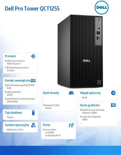Kompjuter Dell Pro Tower QCT1255, Ryzen 3, Windows 11 Pro, i zi