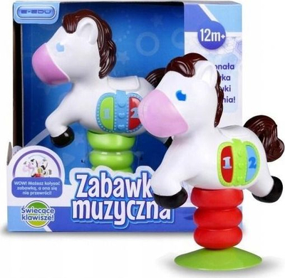 Музичка играчка Е-Еду Мало Коњче, со светла, со вакуум-прилепувачка чашка, бела