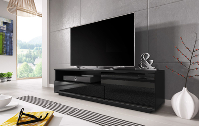 Kredencë TV Cama MUZA 138/40/41, panel i laminuar, me shkëlqim, e zezë