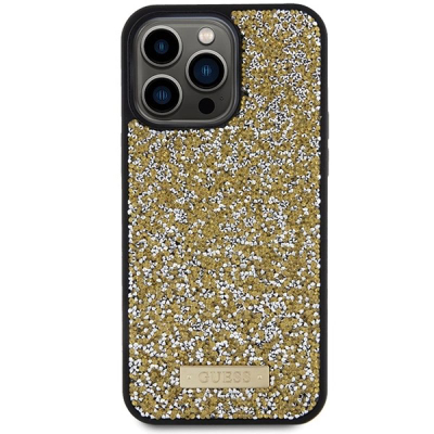 Mbulesë telefoni Guess Rhinestone Metal Logo për iPhone 15 Pro 6.1", hardcase, me kristale, e artë