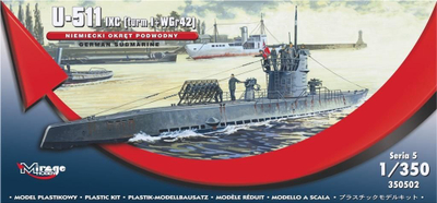 Model anije nëndetëse Mirage U-511 German, shkalla 1/350, plastikë, gri