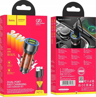 Karikues makine Hoco NZ12, 2x USB A, 36W QC3.0, portokalli transparent