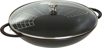 Tigan wok Staub i rrumbullakët, gize, me kapak xhami, i zi