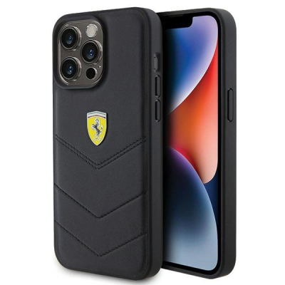 Këllëf telefoni Ferrari Quilted Metal Logo për iPhone 15 Pro Max 6.7", lëkurë, i zi