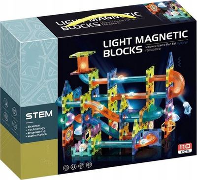 Lodër ndërtimi magnetike Light Magnetic Blocks Marble Run, 110 pjesë, me drita LED, shumëngjyrëshe