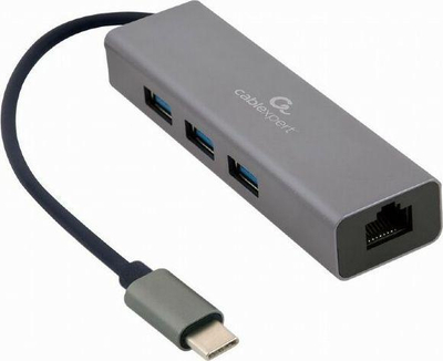 USB Hub Gembird (A-CMU3-LAN-01), 1x RJ-45, 3x USB-A 3.0, i hirtë
