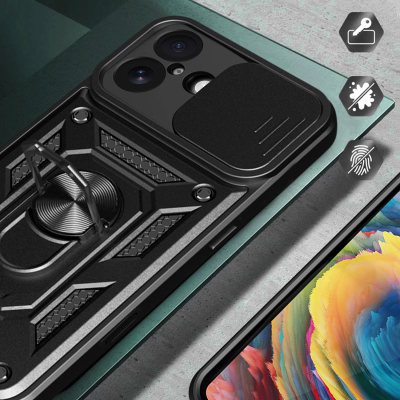 Mbrojtëse telefoni Hybrid Armor Camshield për iPhone 17, me unazë mbajtëse, mbrojtje kamere, ngjyrë e zezë