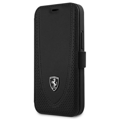 Këllëf telefoni Ferrari Off Track për iPhone 12 Mini, lëkurë natyrale, tip book, i zi