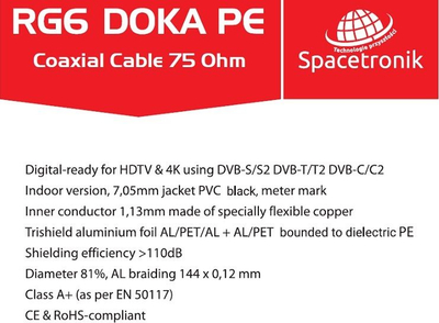 Kabllo koaksiale Spacetronik RG6 DOKA PE, 75 Ohm, bakër 1.13mm, 1m, e zezë