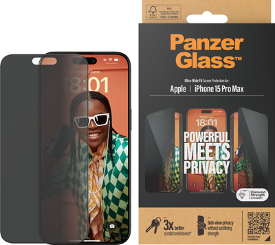 Mbrojtëse ekrani PanzerGlass Privacy, iPhone 15 Pro Max, xham i temperum, Ultra Wide Fit, e zezë
