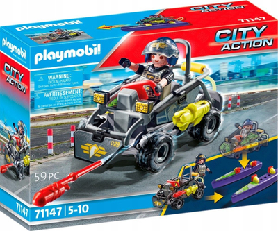 Set lodër Playmobil Tactical Multi Terrain Quad 71147, makinë policie që kthehet, me raketa