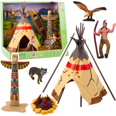 Set lodrash indigjene me figurina, tipi, varkë, totem, shumëngjyrësh