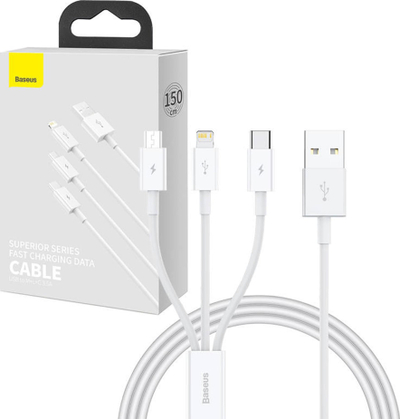Kabllo USB Baseus USB A në USB C, microUSB, Lightning, 1 m, e bardhë