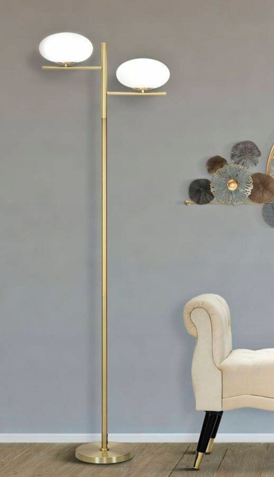 Lampë dyshemeje Glamy Oval, 51x24x180 cm, metal ngjyrë ari, sfera xhami të bardha