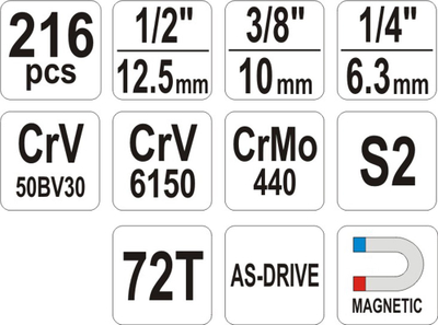 Set veglash Yato YT-38841, 216 pjesë, krom vanadium, argjendtë