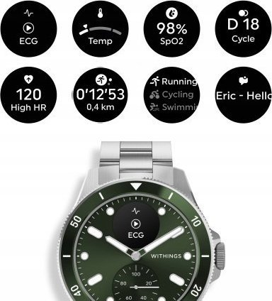 Ora inteligjente hibride Withings ScanWatch Nova, 42mm, matje temperature, jeshile