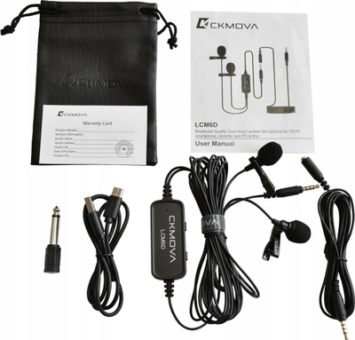 Mикрофон лавалиер Ckmova LCM6D, сет со два микрофона, кабел 6m, конекција 3.5mm TRRS, црн