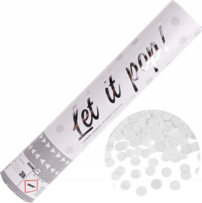 Tubë konfeti Let it Pop, 28cm, me ajër të kompresum, e bardhë