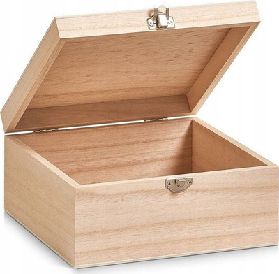 Kuti druri Zeller Solid Wood Box, 20x20x9.5cm, me kapëse metalike, ngjyrë druri natyrale