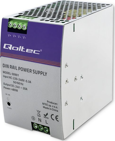 Furnizim energjie industrial Qoltec 50901, 24V 20A, 480W, argjendtë