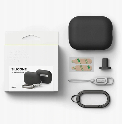 Kuti mbrojtëse silikoni Ringke për Apple AirPods Pro 3, me karabinë, e zezë
