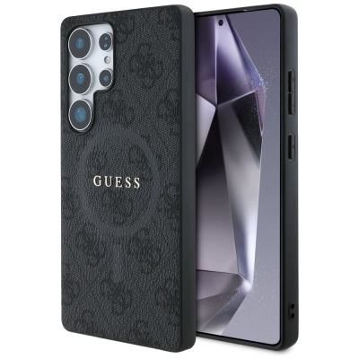 Kuti mbrojtëse Guess 4G Ring Classic Logo për Samsung Galaxy S25 Ultra, lëkurë, MagSafe, e zezë