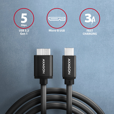 Kabllo AXAGON USB-C - micro USB 3.2 Gen 1 SPEED, 3A, 1m, e zezë