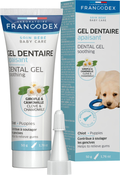 Xhel për dhëmbët e qenit Francodex Dental Gel Soothing, për me qetësu mishrat e dhëmbëve, 50g