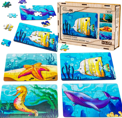Puzzle druri PuzzleOk 4 në 1 Kafshë Deti, 4 pjesë, shumëngjyrësh