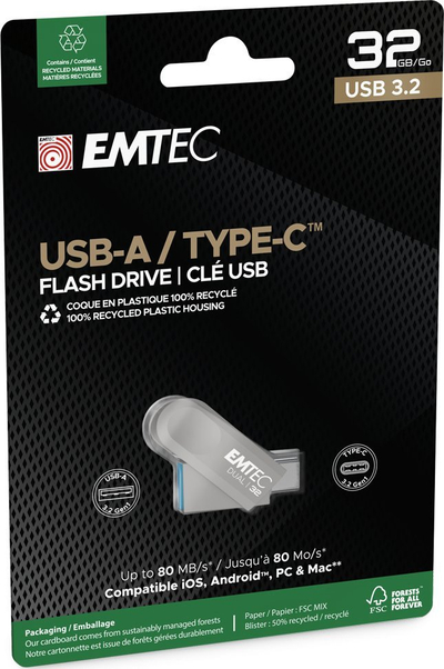 USB flash Emtec D280 Dual, 32GB, USB 3.2, USB C, i zi
