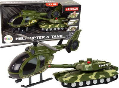 Set lodrash ushtarake Leantoys, helikopter edhe tank me friksion, 2 copa, jeshil kamuflazh