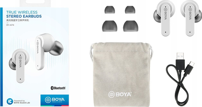 Безжични слушалки Boya AP4 True Wireless Stereo, со кутија за полнење, бели