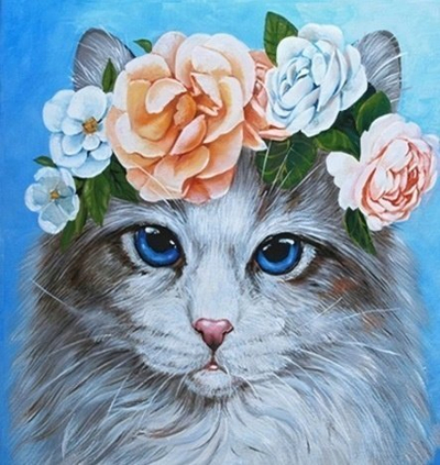 Set mozaik me diamante Cat in Diadem with Roses, 30x40cm, pikturë murale, shumëngjyrësh