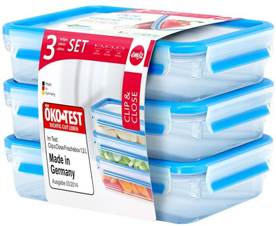 Set enësh për ruajtje Emsa Clip &amp; Close, 3 copë, 1.2L, transparente me kapakë blu