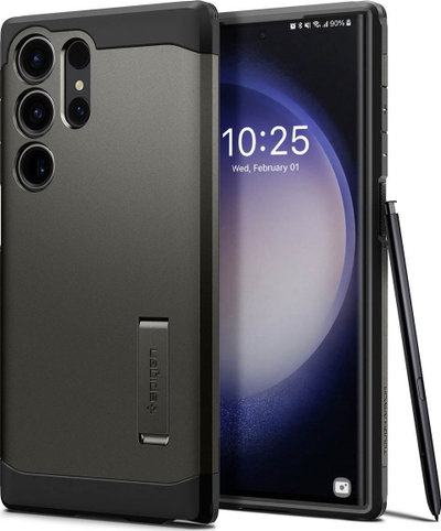Këllëf telefoni Spigen Tough Armor për Samsung Galaxy S23 Ultra, me këmbë mbështetëse, gunmetal gri