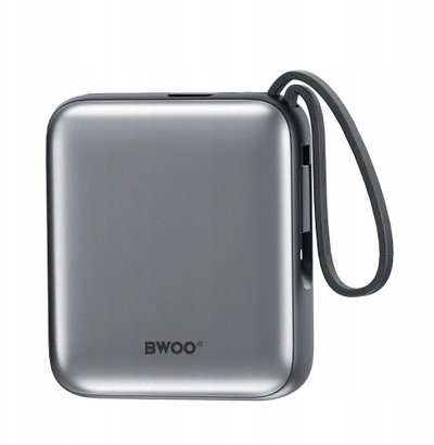 Powerbank BWOO P74, 10000 mAh, 22.5W, me kabllo USB-C dhe Lightning, argjendtë