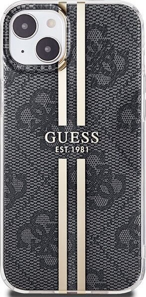 Mbrojtëse telefoni Guess IML 4G Gold Stripe për iPhone 15 14 13, 6.1", e zezë