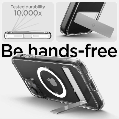 Mbrojtëse telefoni Spigen Ultra Hybrid S MagSafe, për iPhone 15 Plus, me këmbë mbajtëse, transparente