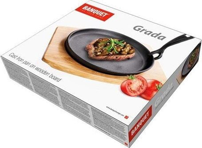 Tigan gize Banquet Cast Iron, me dorezë që çahet, me dërrasë poshtë, i zi