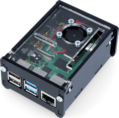 Куќиште Raspberry Pi Модел 4B, со вентилатор, пластично, црно транспарентно