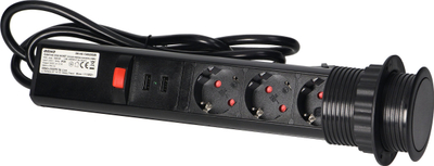 Prizë mobiljeje me 3x Schuko dhe 2x USB, e tërheqshme nga banaku, 6 cm, kabllo 1.8 m, e zezë