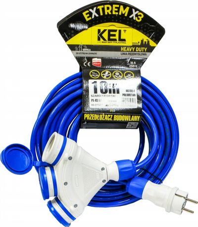 Parazgjedhës ndërtimi KEL W-01181, 3 priza me tokëzim, 10m, IP54, gri blu