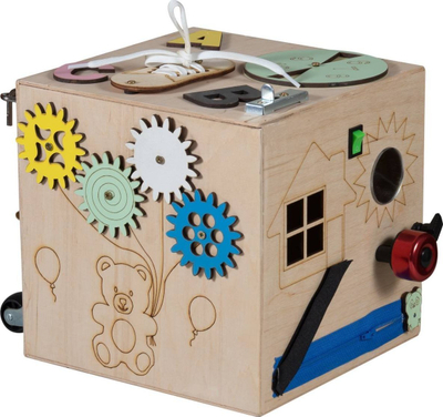 Lodër edukative Montessori Sensory Manipulation Cube 16in1, dru, për kalamaj 3+