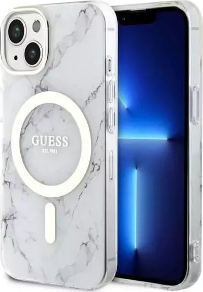 Mbulesë telefoni Guess GUHMP14MPCUMAH Marble MagSafe, për iPhone 14 Plus 6.7", efekt mermeri, e bardhë