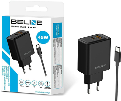 Karikues muri Beline 45W GaN, USB A USB C, me kabllo USB C në USB C, i zi
