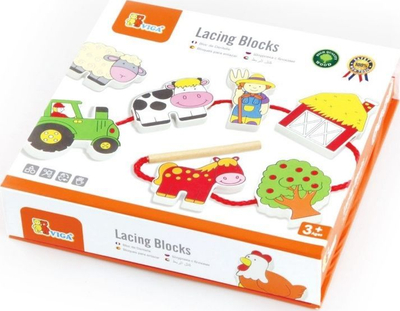 Дрвена врзувачка играчка Вига Lacing Blocks Farm, 12 блокчиња, за деца 3+ години, многубојна