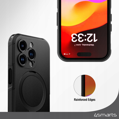 Kapak telefoni 4smarts Defend Magic Stand, për iPhone 15 Plus, MagSafe, i zi
