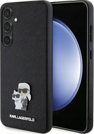 Mbulesë telefoni Karl Lagerfeld PU Saffiano Metal Karl and Choupette për Samsung Galaxy S24 Plus, rri fiks, e zezë