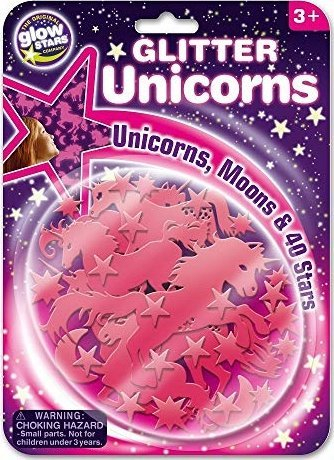 Sticker-a muri Glowstars Glitter Unicorns, që ndriçojnë në errësirë, set unikornësh dhe yjesh, rozë